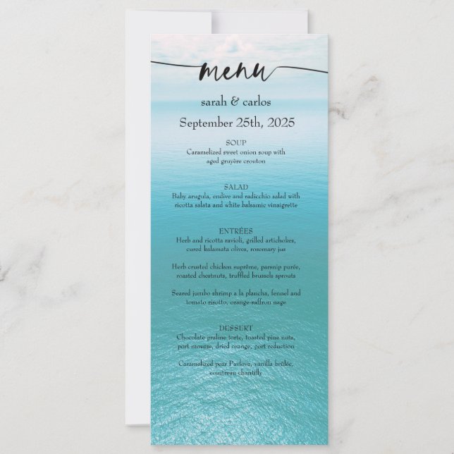 Ozean-Aquarell-Strand-Script-Hochzeitsmenü Einladung (Vorderseite)