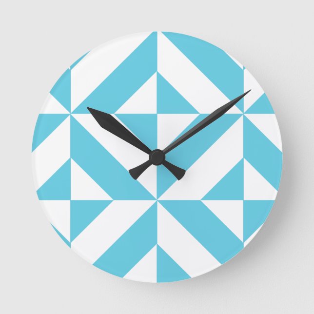 Ozean-Blau-geometrisches Deko-Muster Runde Wanduhr (Vorderseite)