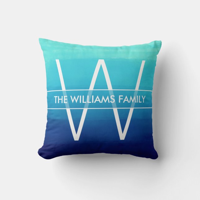 Ozean-Blau Ombre Familienname u. Monogramm Kissen (Vorderseite)