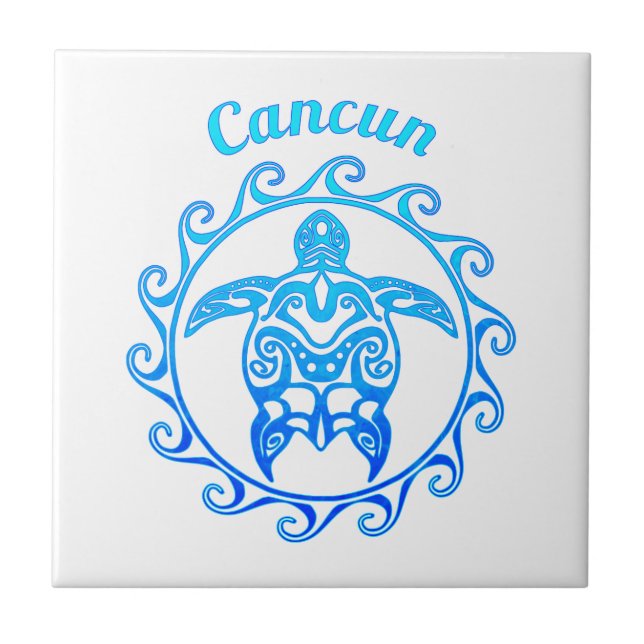 Ozean-Blau-Stammes- Schildkröte Cancun Fliese (Vorderseite)