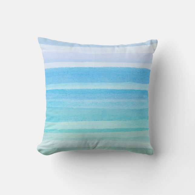 Ozean-Blauaquamariner Watercolor Ombre Streifen Kissen (Vorderseite)