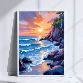 Ozean-Bucht-Sonnenuntergang | Wasserfarbe Stranduf Poster