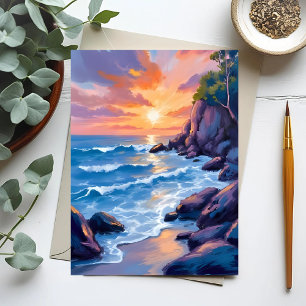 Ozean-Bucht-Sonnenuntergang   Wasserfarbe Stranduf Postkarte