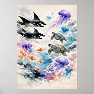 Ozean-Harmonie-Wasserfarbe-Meeresleben-Kunst Poster