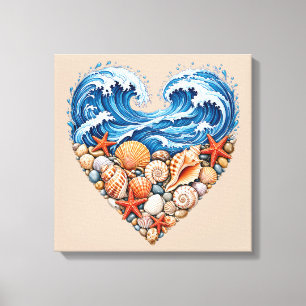 Ozean-Herzwellen und Muscheln – Küstenstrandwand Leinwanddruck
