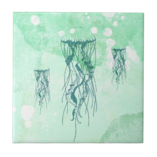 Ozean-inspirierte Blaue Quallen-Wasserfarbe Fliese