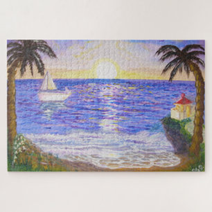 Ozean-Sonnenaufgang, Küstenlandschaft, Yacht- und 