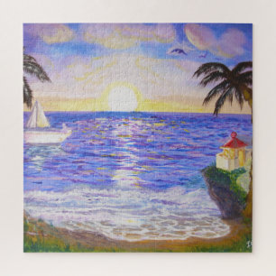 Ozean-Sonnenaufgang, Küstenlandschaft, Yacht- und 