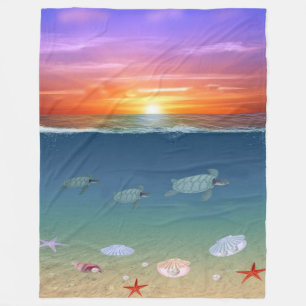 Ozean-Sonnenaufgang und schwimmende Meeresschildkr Fleecedecke