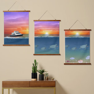 Ozean-Sonnenaufgang, Yacht, Meeresschildkröten und Wandteppich Mit Holzrahmen