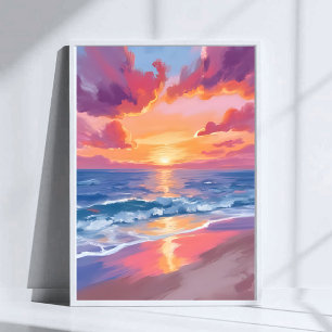 Ozean-Sonnenuntergang-Aquarell-Wellen-Meeresmalere Poster