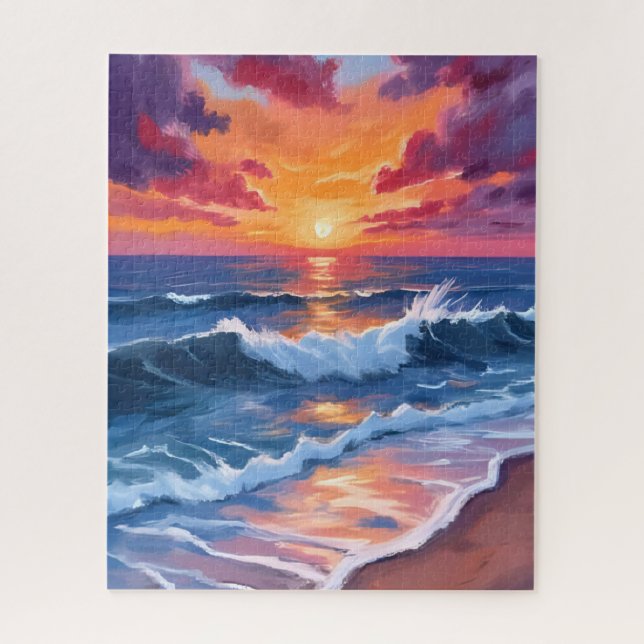 Ozean-Sonnenuntergang-Strand-Wellen-Aquarell (Vertikal)