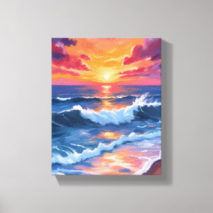 Ozean-Sonnenuntergang-Strand-Wellen-Aquarell Leinwanddruck