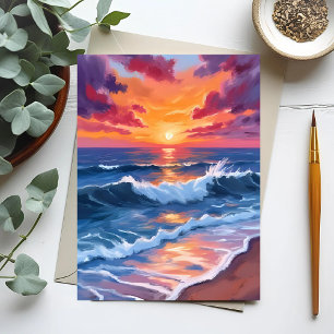 Ozean-Sonnenuntergang-Strand-Wellen-Aquarell Postkarte