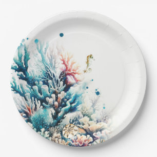 Ozean-Splash-Meer-Korallen-Wasserfarben-Hochzeit Pappteller