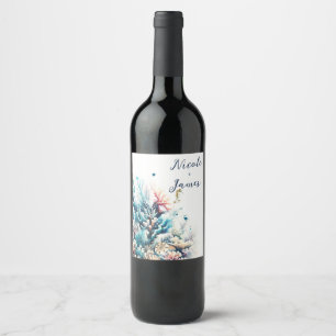 Ozean Spritzer Meereskoralle Aquarell Strand Hochz Weinetikett