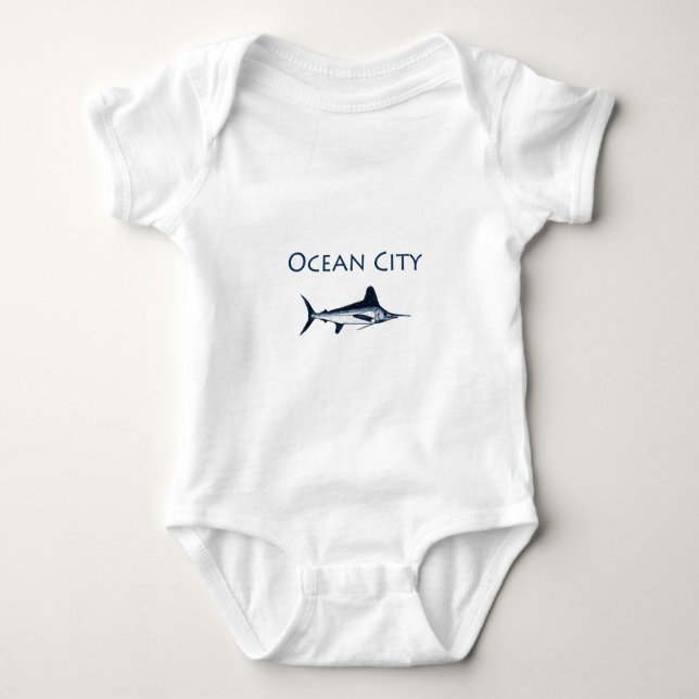 Ozean-Stadt-Maryland-Logo (weißer Speerfisch) Baby Strampler (Vorderseite)