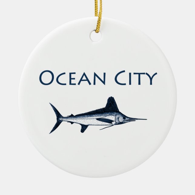 Ozean-Stadt-Maryland-Logo (weißer Speerfisch) Keramikornament (Vorne)