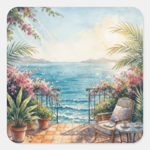 Ozean-Terrasse mit friedlicher Aussicht Quadratischer Aufkleber