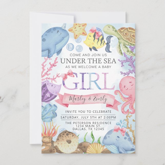 Ozean Under the Sea Girl Shower Einladung (Vorderseite)