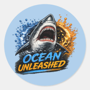 Ozean Unleashed Hai – Kühner blauer und orangefarb Runder Aufkleber