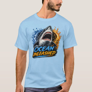 Ozean Unleashed Hai – Kühner blauer und orangefarb T-Shirt
