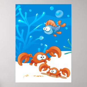 Ozean Wasser Cute Krabbe Lustiger Fisch Poster