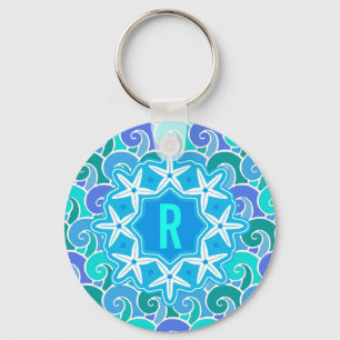Ozean-Wellen-Seestrandstarfish-Monogramm-Blau Schlüsselanhänger