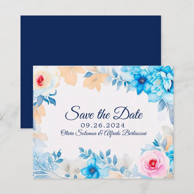 Ozeanblau-Aquarellblumen Save the Date (Vorne/Hinten)