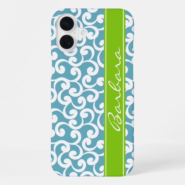 Ozeanblau monogrammierte Elemente drucken  iPhone 16 Plus Hülle (Rückseite)