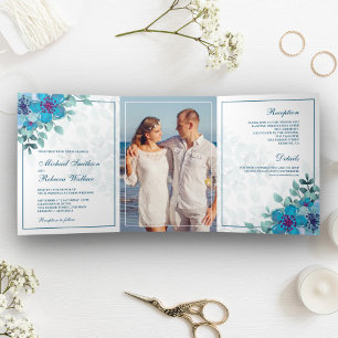 Ozeanblaue Aquarell-Blumen-Foto-Hochzeit Dreifach Gefaltete Einladung