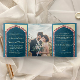 Ozeanblaue Roségold-Glitter-Indische Hochzeit Dreifach Gefaltete Einladung