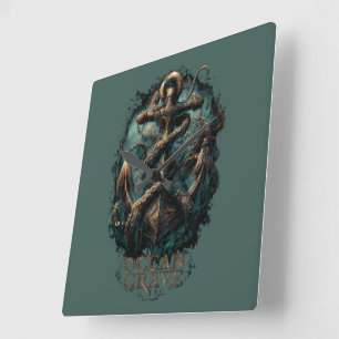 Ozeanengrab Kraken Anker Dark Fantasy Quadratische Wanduhr