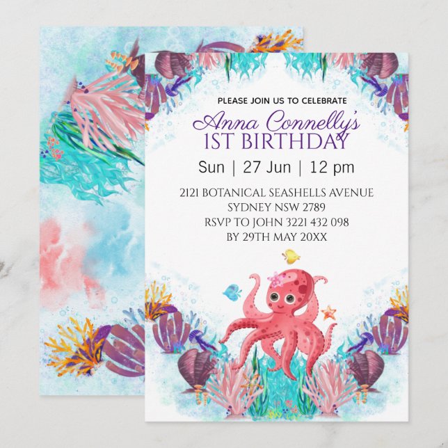 Ozeanfarbener rosafarbener Oktopus Geburtstag Einladung (Vorne/Hinten)