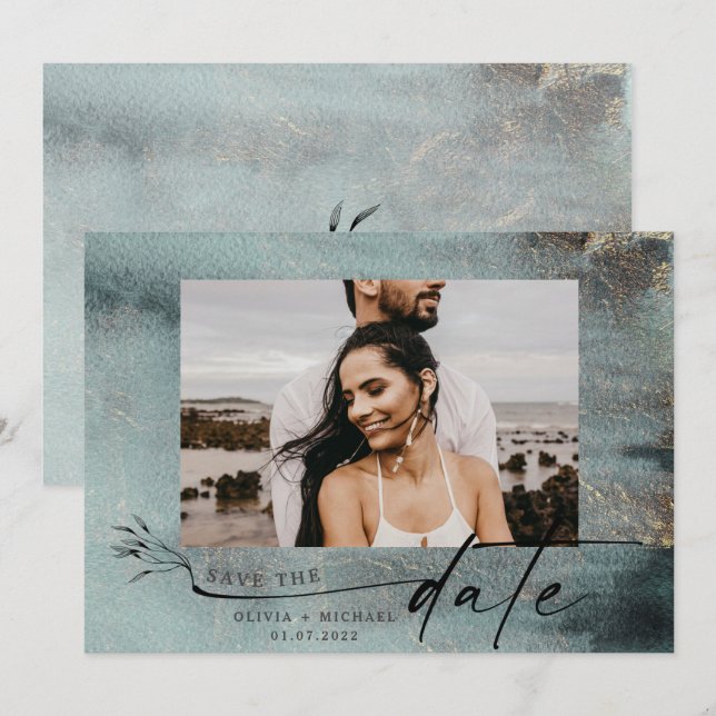 Ozeanfarbenes Aquamarines Wasser mit Gold-Foto Sav Save The Date (Vorne/Hinten)