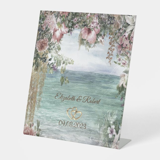 Ozeanhochzeit in schicken Blume Sockelschild (Vorderseite)