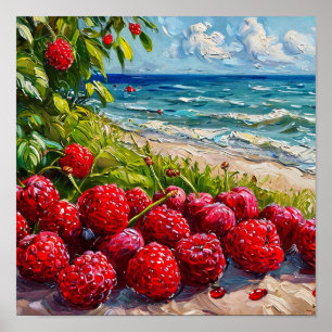 Ozeanlandschaft und Himbeeren Poster
