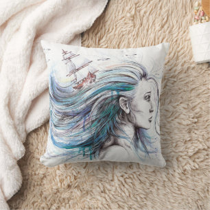 Ozeanmädchen Schöne Surrealfarben Kissen