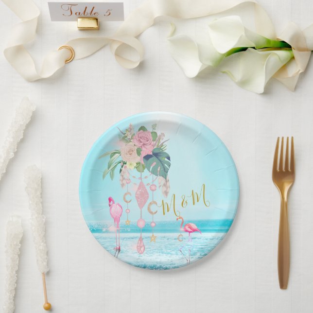 Ozeanmeer Flamingo Floral Juwelen Pink Pappteller (Hochzeit)