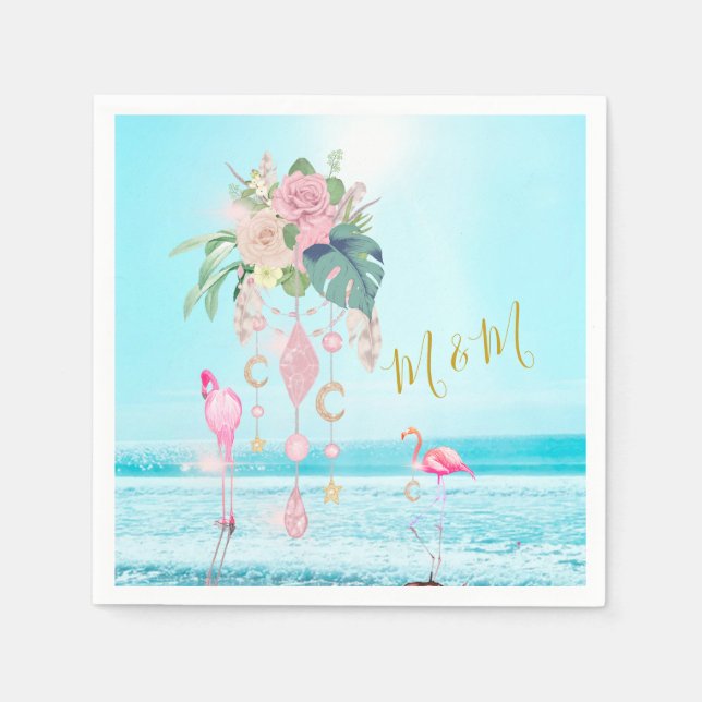 Ozeanmeer Flamingo Floral Juwelen Pink Serviette (Vorderseite)