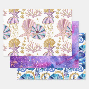 Ozeanmuscheln Seesterne Blau Lila Gold Rosa Geschenkpapier Set