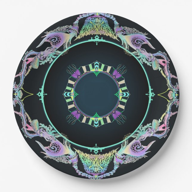 Ozeanskizze in Neon auf Schwarz Pappteller (Vorderseite)