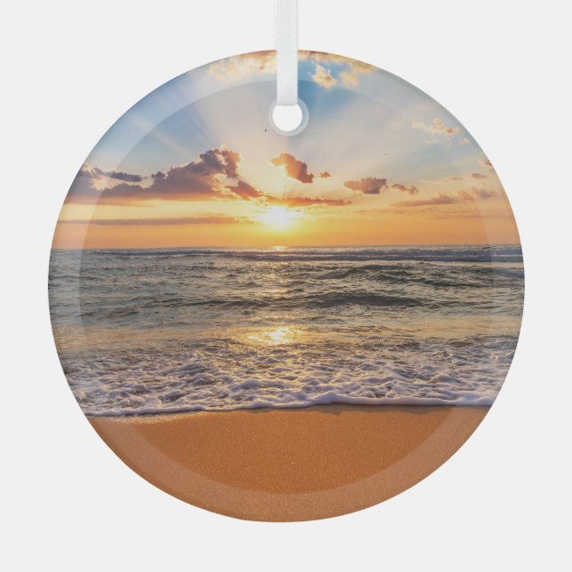 Ozeansonnenaufgang, tiefblauer Horizont. Ornament Aus Glas (Vorderseite)