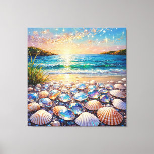 Ozeansonnenuntergang mit Muscheln und Juwelen, die Leinwanddruck