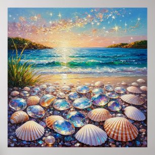 Ozeansonnenuntergang mit Muscheln und Juwelen, die Poster