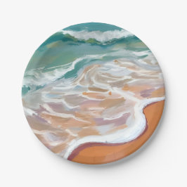 Ozeanstrand | Aqua Blaue Wellen Strand Wasserfarbe Pappteller
