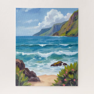 Ozeanstrand Blaue Wellen Aquarellmalerei