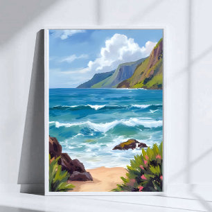 Ozeanstrand Blaue Wellen Aquarellmalerei Poster