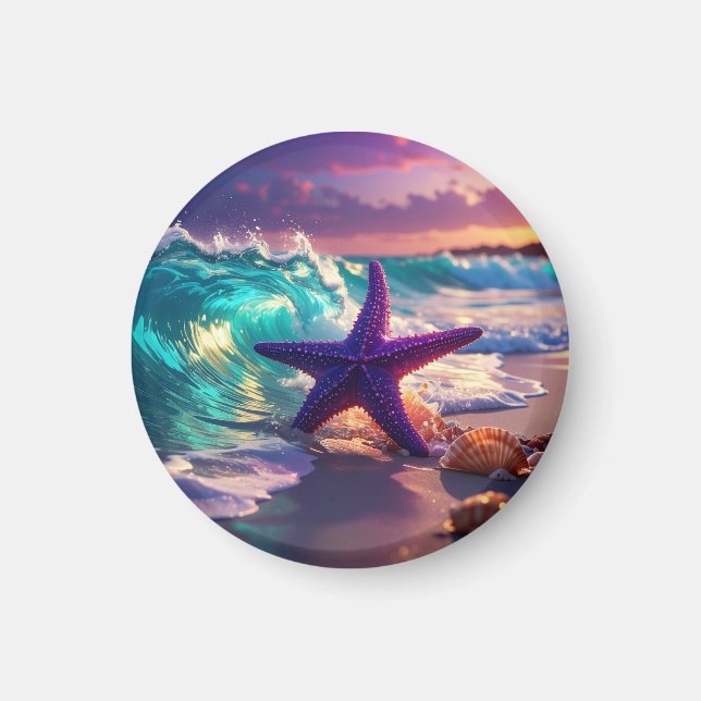 Ozeanstrand mit violettem Seestern Magnet (Vorne)