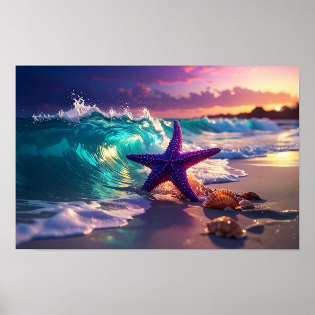 Ozeanstrand mit violettem Seestern Poster (Vorne)